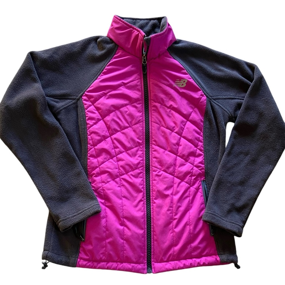 New Balance Women’s Pink Quilted Front Back Gray Fleece Jacket Zip Pockets Small